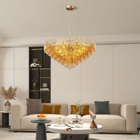 37" Extra Large Chandelier, 14-Light Gold Modern Round Chandelier for Living Room, Tiered Smoke Blown Glass Brass Chandeliers
