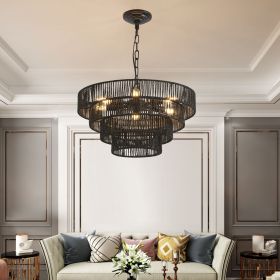 20" Rustic 4-Tier Black Hemp Rope Pendant Light Chandelier with 6 E12 Sockets, Handmade Tiered Boho Ceiling Light Fixture for Dining Room, Kitche