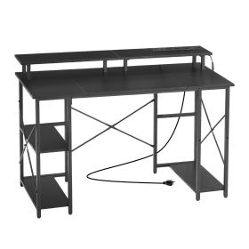 VEVOR 47" Gaming Desk with LED Lights & Power Outlets, Computer Desk with Monitor Stand & 2-Tier Storage Sheves, Study Work for Home Office, Blac