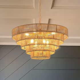 (Same as W1340P155977/L1019-5) 24" Modern 5-Layer Woven Hemp Rope Chandelier, Boho Style Pendant Light, Elegant Hanging Light Fixture for Living