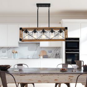 32" Walnut Industrial Farmhouse Rectangle Pendant Light, 5-Light Chandelier with Lampshades for Dining Room, Kitchen Island, Cafe Decor (No Bulbs