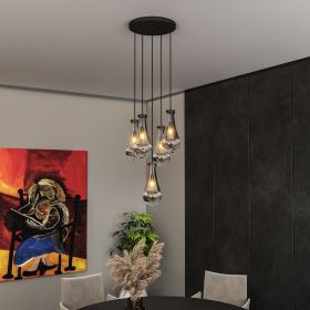 5 Light Cluster Pendant Lights, Black High Ceiling Chandeliers Adjustable, Living Room Pendant Light, Foyer Chandeliers, Stairwell Pendant Lighti (Color: Black, Material: Iron)