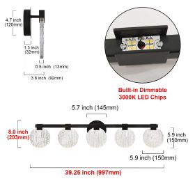 LED Bathroom Vanity Lights Over Mirror 5 Light 30W Dimmable LED Vanity Light Bar Black Bathroom Wall Lights Acrylic Bathroom Lighting Fixtures (W (Numbers of Light: 5-Light)
